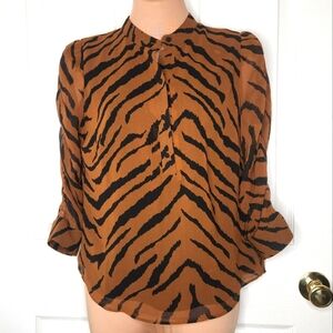 WHBM animal tiger print blouse sheer ruched puff sleeves